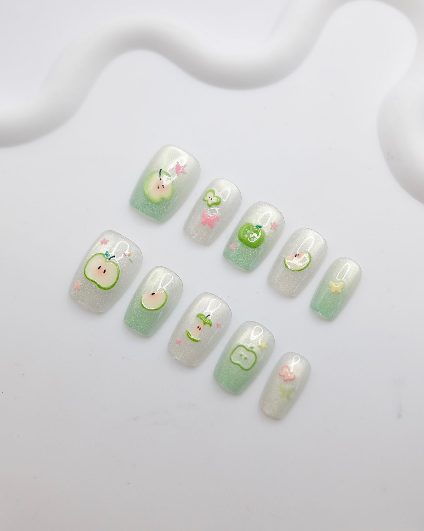 Short Coffin Green Apple Summer Time Press On Nails
