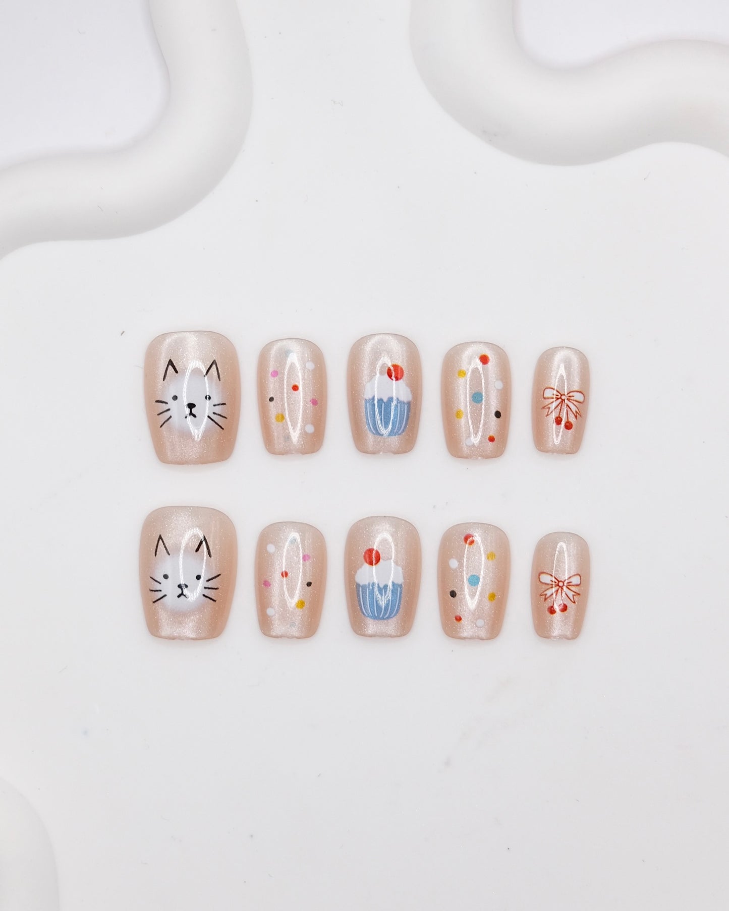 Short Coffin Nude Color Cute Kitty & Cupcake Press On Nails