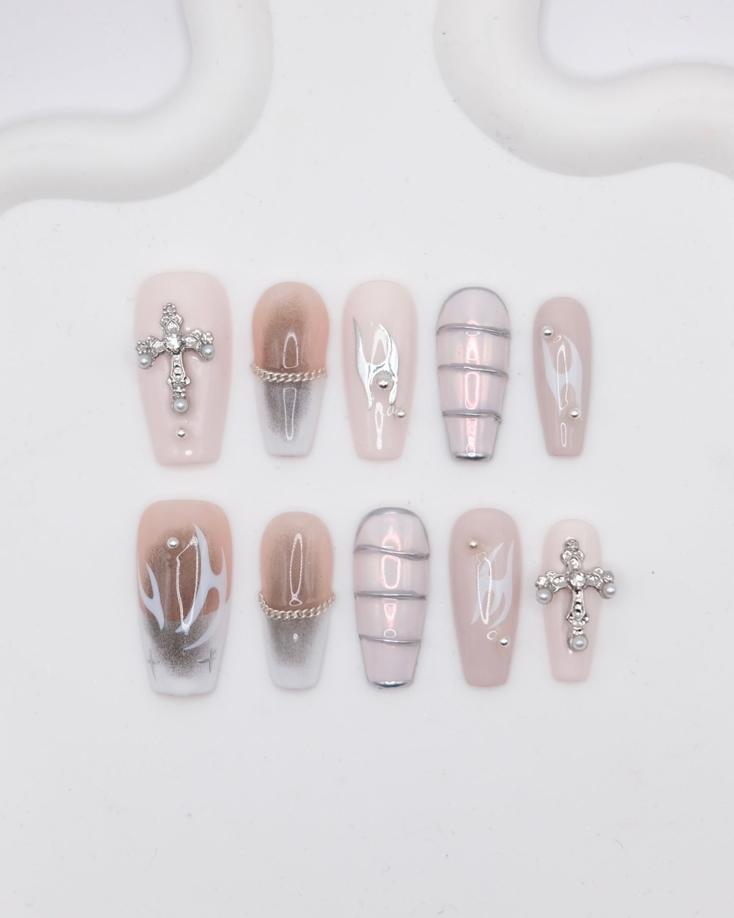 Long Coffin Pink Flame Cross Press On Nails