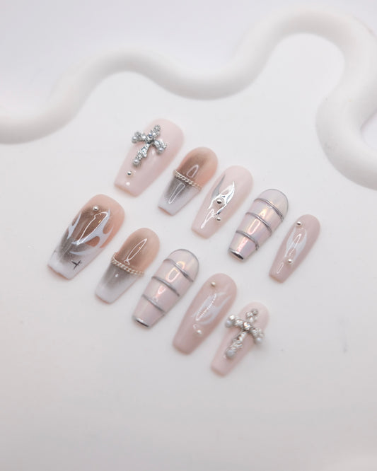 Long Coffin Pink Flame Cross Press On Nails