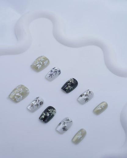 Short Coffin Cateye White & Green Flower Press On Nails