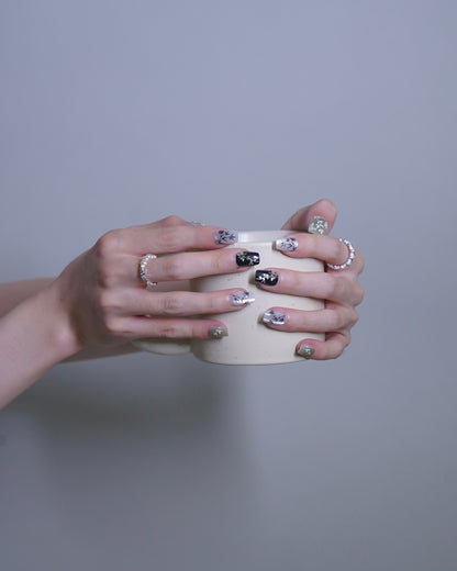 Short Coffin Cateye White & Green Flower Press On Nails