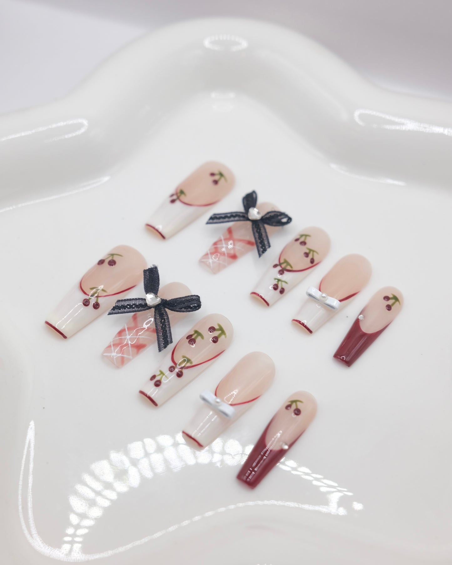 Extra Long Coffin Pink & Red Bow Tie With Diamond Press On Nails