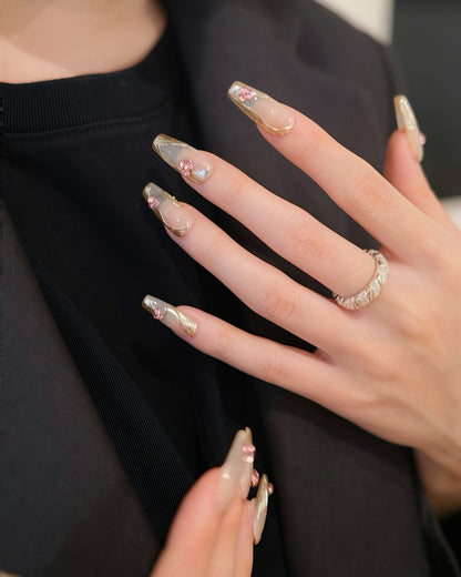 BUYRII X H² Long Coffin Gold Embossed & Diamond Shy Press On Nails