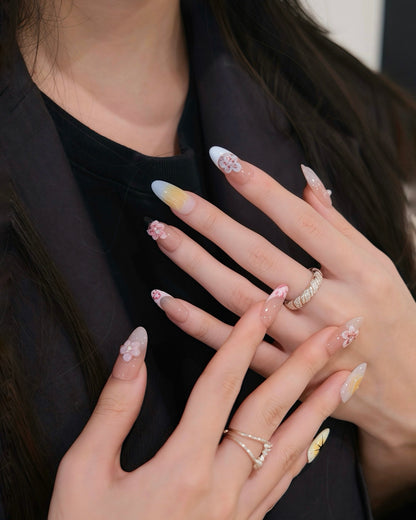 BUYRII X H² Mid-Long Oval Nude Sakura Flower Road Press On Nails