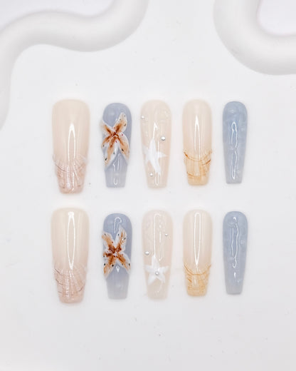 Extra Long Coffin Nude Color & Blue Rafflesia Press On Nails