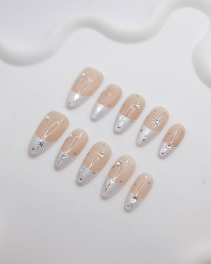 Long Almond Nude Color & Silver French Manicure With Diamond Press On Nails