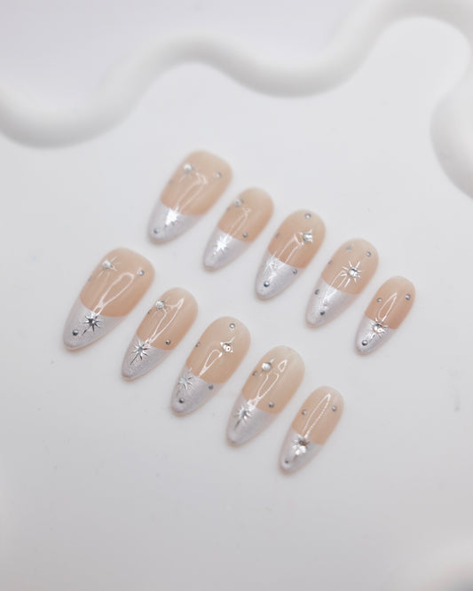Long Almond Nude Color & Silver French Manicure With Diamond Press On Nails