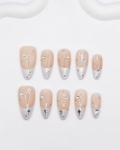 Long Almond Nude Color & Silver French Manicure With Diamond Press On Nails