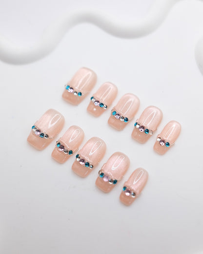 Short Coffin Pink Cateye With Jade French Manicure Press On Nails
