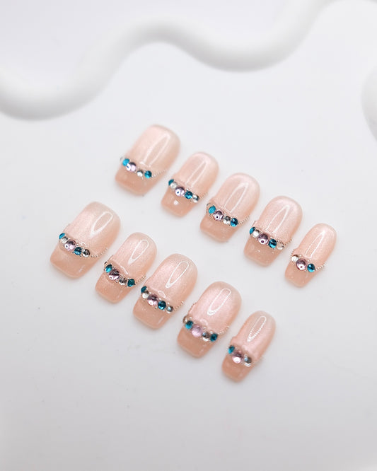 Short Coffin Pink Cateye With Jade French Manicure Press On Nails