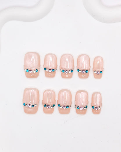 Short Coffin Pink Cateye With Jade French Manicure Press On Nails