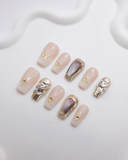 Mid-Long Coffin Nude Color Magic Mirror With Diamond Press On Nails