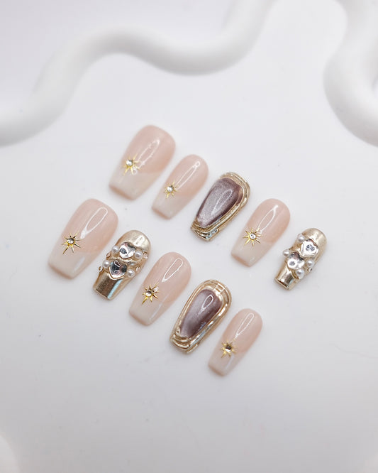 Mid-Long Coffin Nude Color Magic Mirror With Diamond Press On Nails