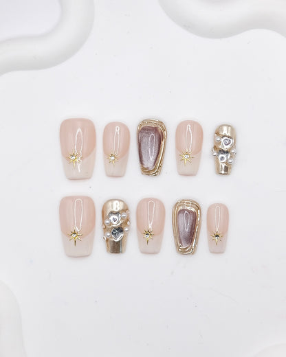Mid-Long Coffin Nude Color Magic Mirror With Diamond Press On Nails