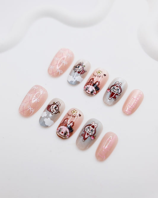 Short Oval Pink & Grey Cute LABUBU Press On Nails