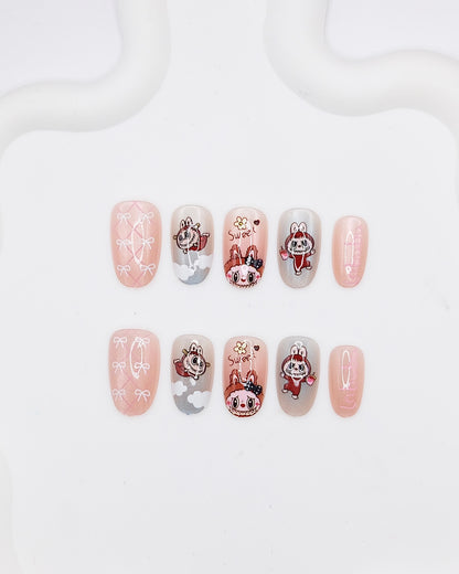 Short Oval Pink & Grey Cute LABUBU Press On Nails