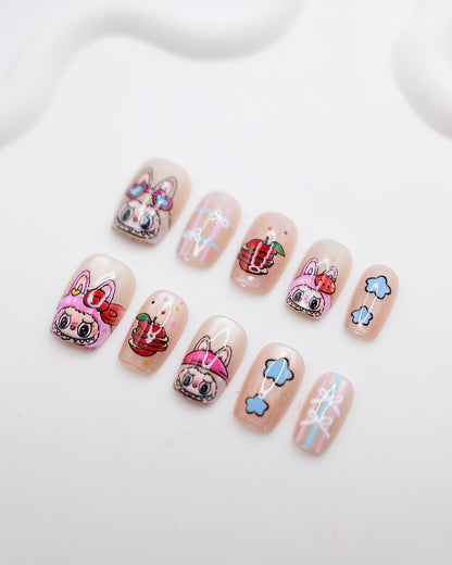 Short Coffin Pink Colorful LABUBU Press On Nails