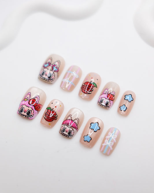 Short Coffin Pink Colorful LABUBU Press On Nails