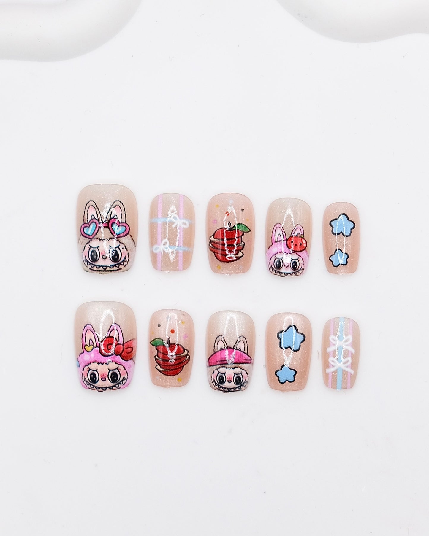 Short Coffin Pink Colorful LABUBU Press On Nails
