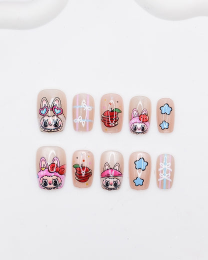 Short Coffin Pink Colorful LABUBU Press On Nails