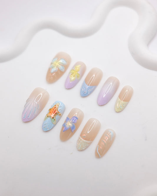Long Oval Colorful Summer Flower French Manicure Press On Nails