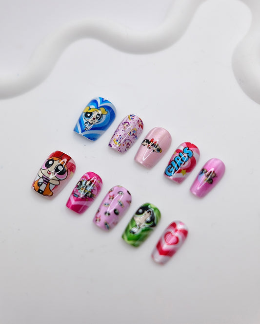 Short Coffin Colorful The Powerpuff Girls Press On Nails