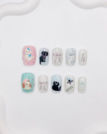 Short Coffin White Kitty & Puppy With Bowtie Press On Nails