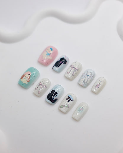 Short Coffin White Kitty & Puppy With Bowtie Press On Nails