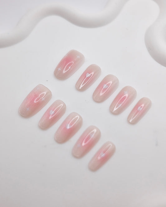 Mid-Long Oval Pink Blush Love Heart Press On Nails