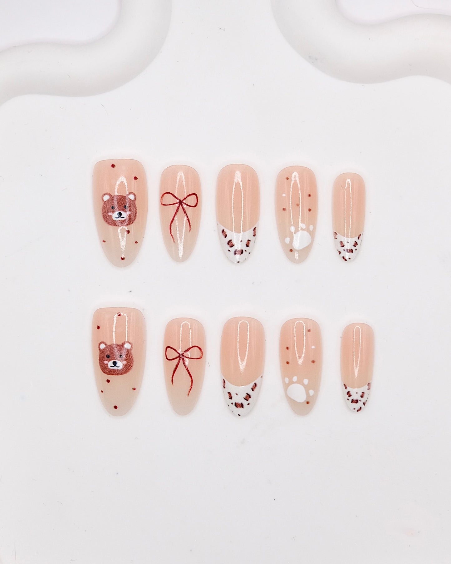 Mid-Long Oval Nude Color Cute Bear With Bowtie Press On Nails