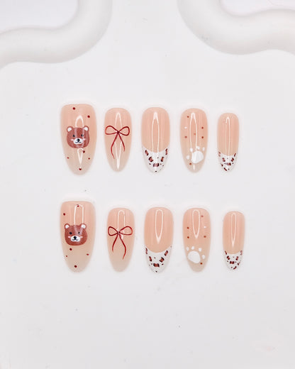 Mid-Long Oval Nude Color Cute Bear With Bowtie Press On Nails