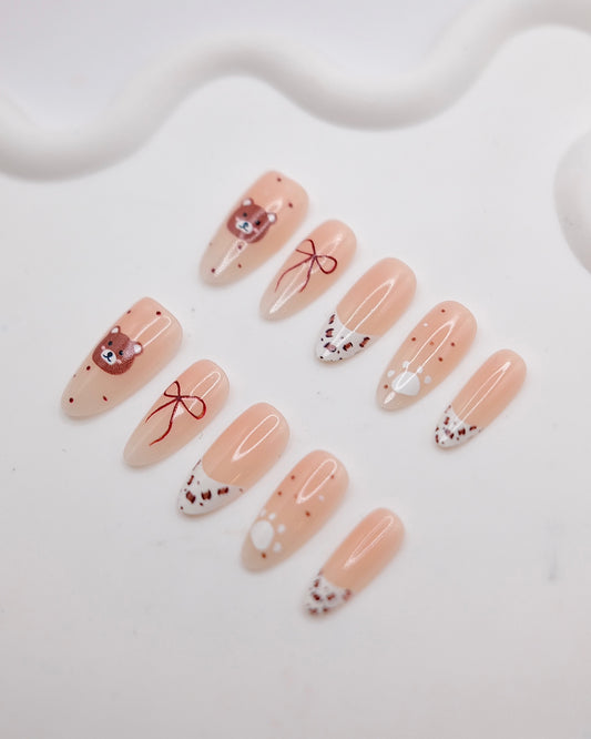 Mid-Long Oval Nude Color Cute Bear With Bowtie Press On Nails
