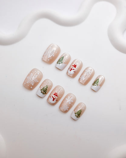 Short Coffin Christmas Nude Color Snowman Press On Nails