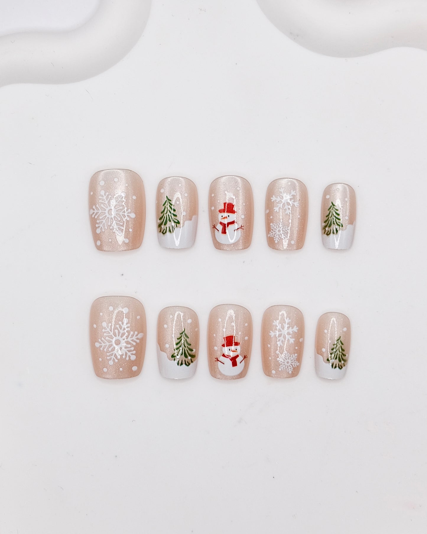 Short Coffin Christmas Nude Color Snowman Press On Nails