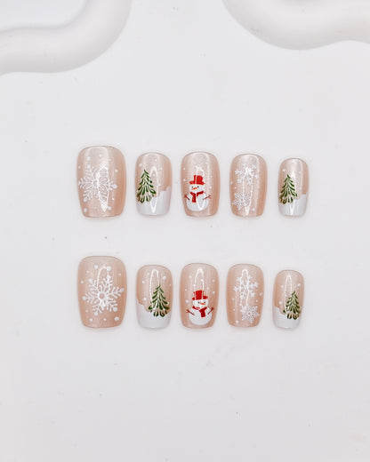 Short Coffin Christmas Nude Color Snowman Press On Nails