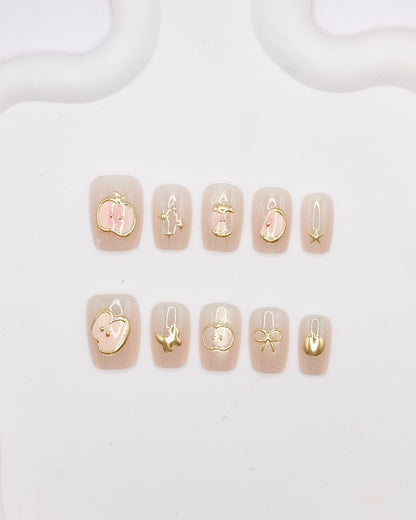 Short Coffin Nude Color Gold Apple Press On Nails