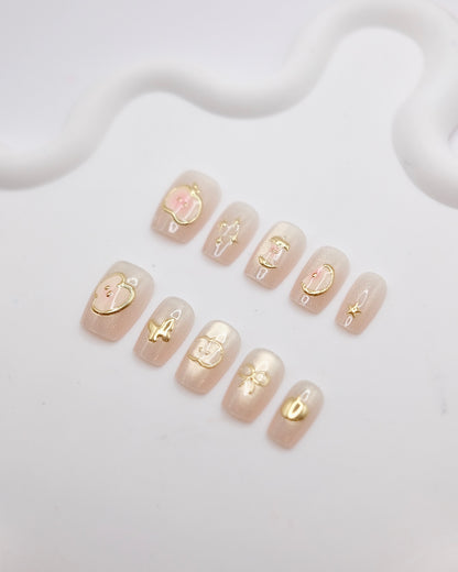Short Coffin Nude Color Gold Apple Press On Nails
