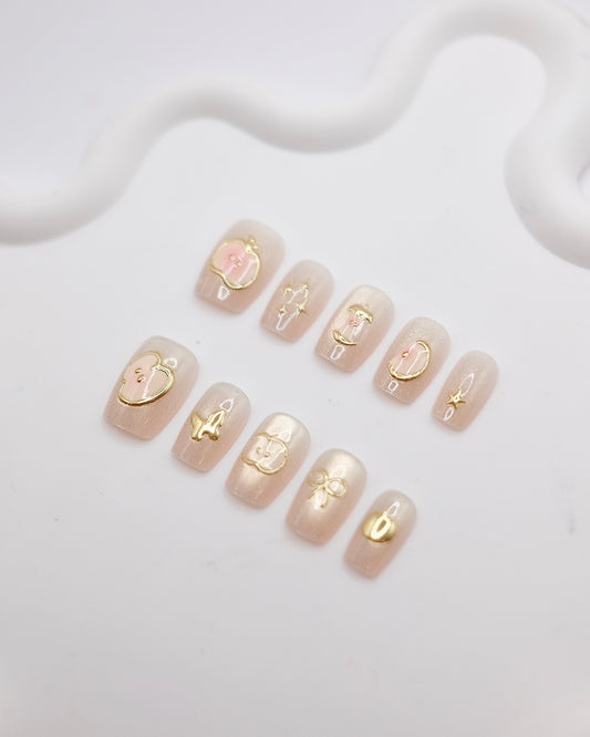 Short Coffin Nude Color Gold Apple Press On Nails
