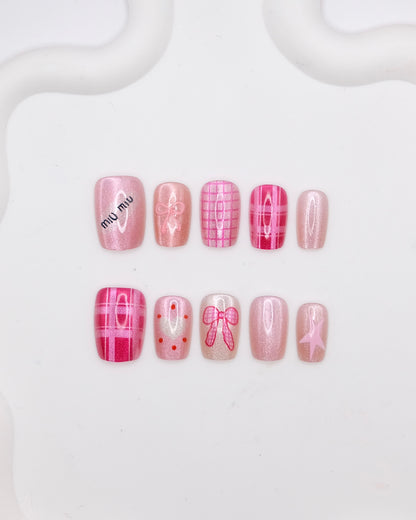 Short Coffin Pink Shiny Bowtie Press On Nails