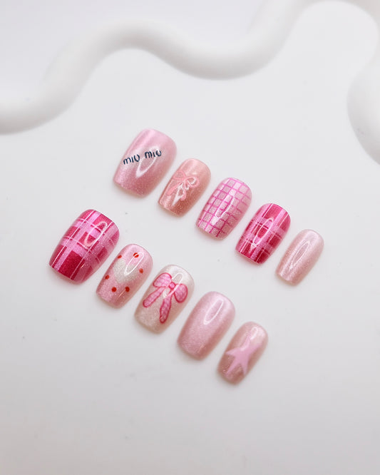 Short Coffin Pink Shiny Bowtie Press On Nails