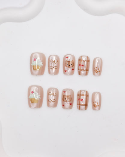 Short Coffin Nude Color Cupcakes & Cute Bear Press On Nails
