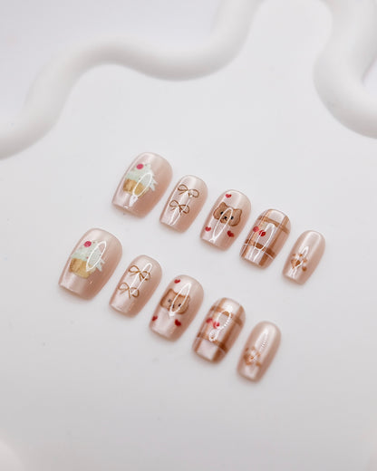 Short Coffin Nude Color Cupcakes & Cute Bear Press On Nails