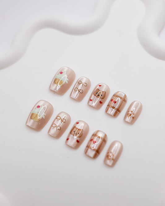 Short Coffin Nude Color Cupcakes & Cute Bear Press On Nails