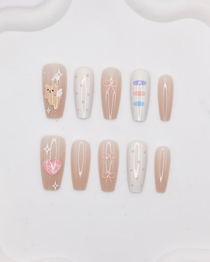 Long Coffin Nude & White Cute Angel Bear Press On Nails