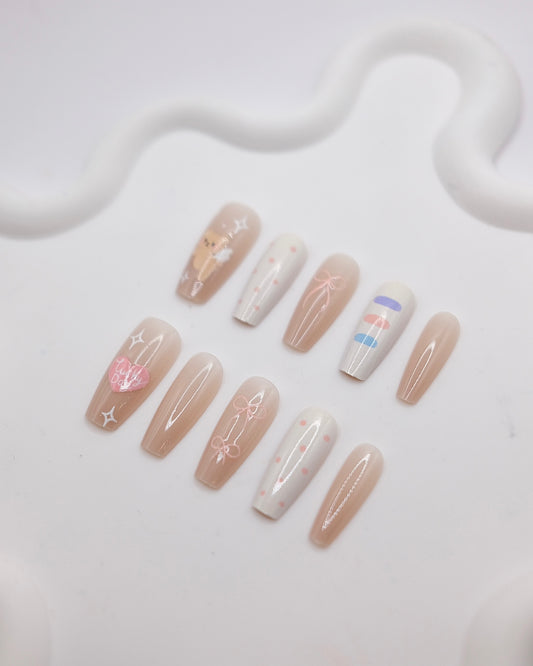 Long Coffin Nude & White Cute Angel Bear Press On Nails