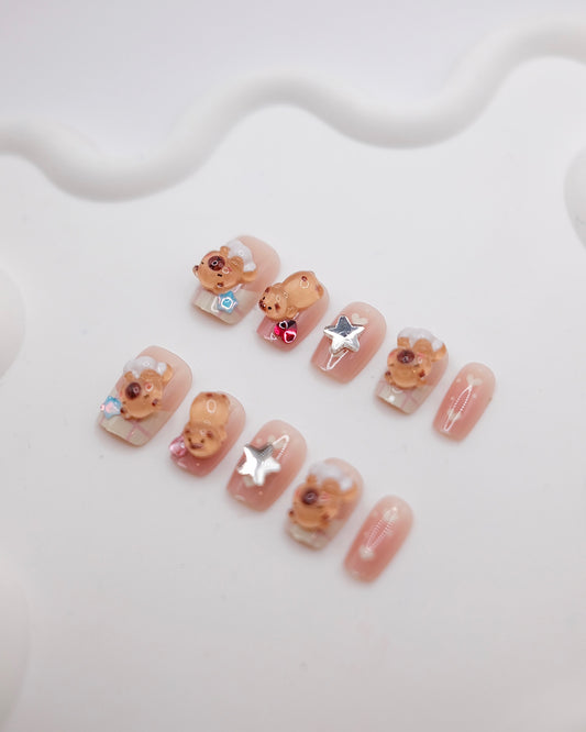 Short Coffin Pink Capybara Press On Nails
