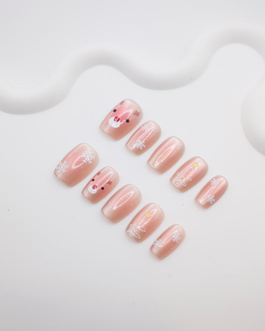 Short Coffin Pink Cateye Cute Elk Press On Nails