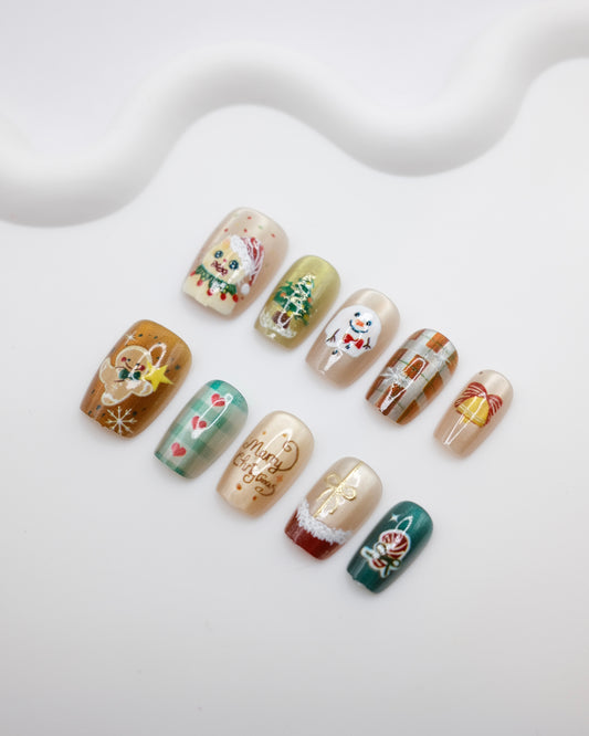 Short Coffin Brown Snowman & Gingerbread Man Press On Nails