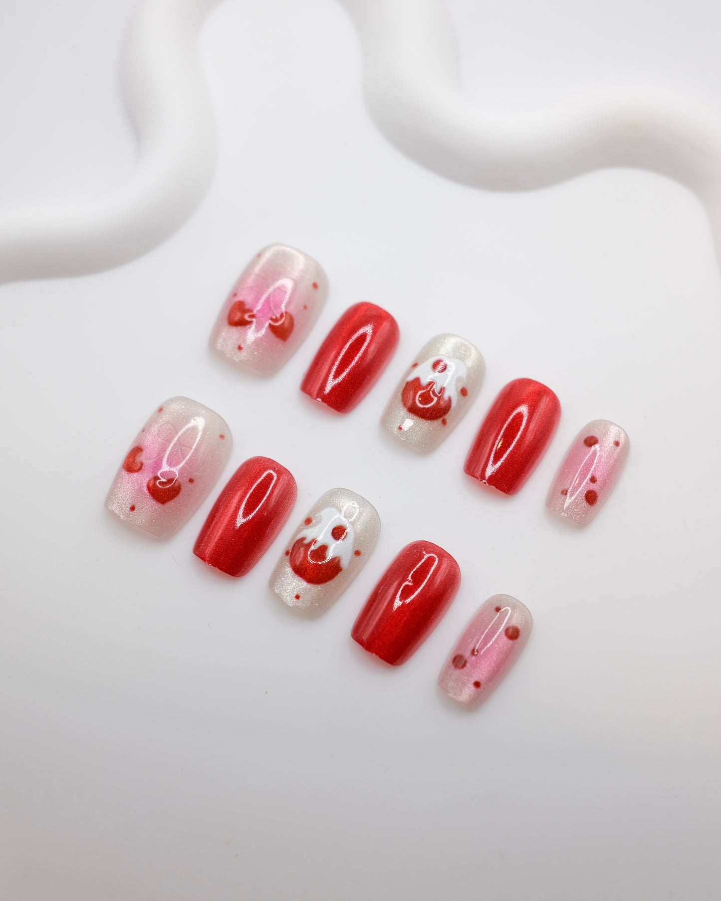 Short Coffin Red Embossed Cherry Cupcakes Press On Nails